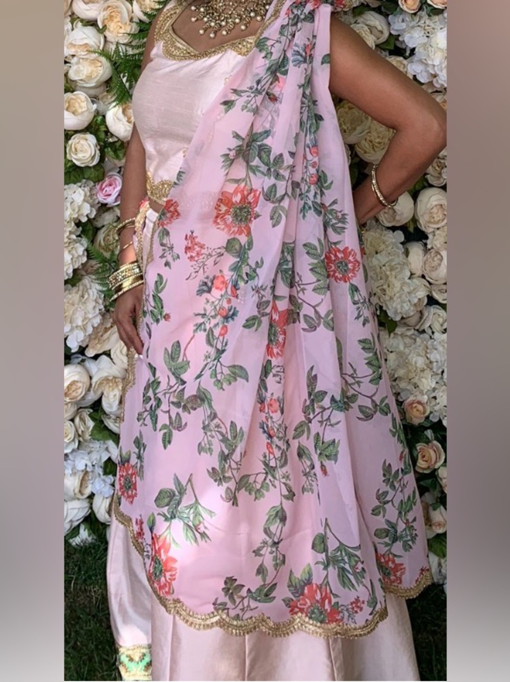 Blush pink lehenga with floral chiffon dupatta.